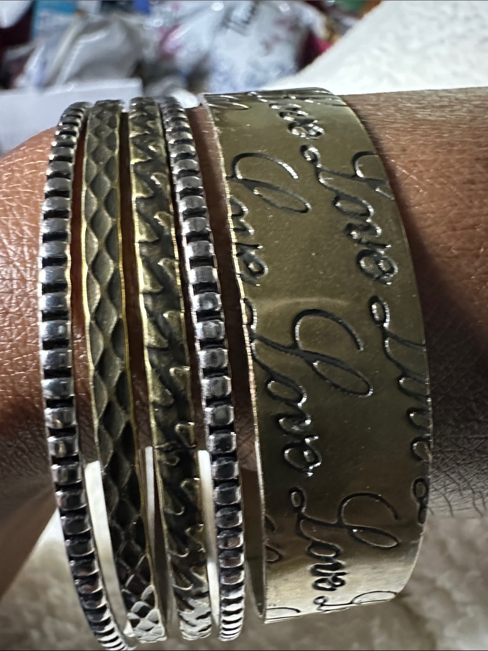5 PCS Gold Tone bronze Script Cuff & Mixed Metal Stackable Bangles
